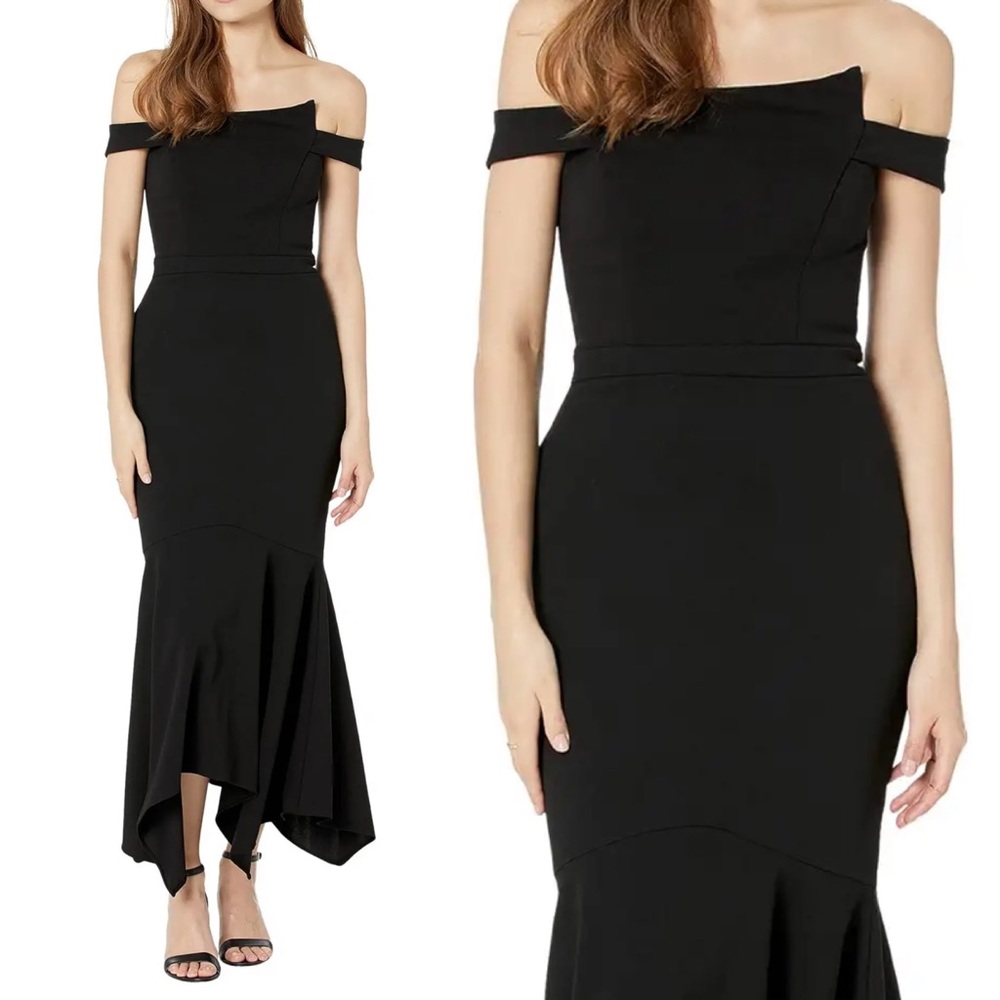 Xscape Gown Asymmetric Off the Shoulder Handkerchief Hem
Dress in black Size 8
